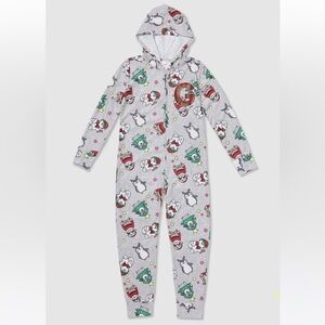 INITIAL J CHRISTMAS girls grey hooded one piece pajamas size 10 sloths penguins